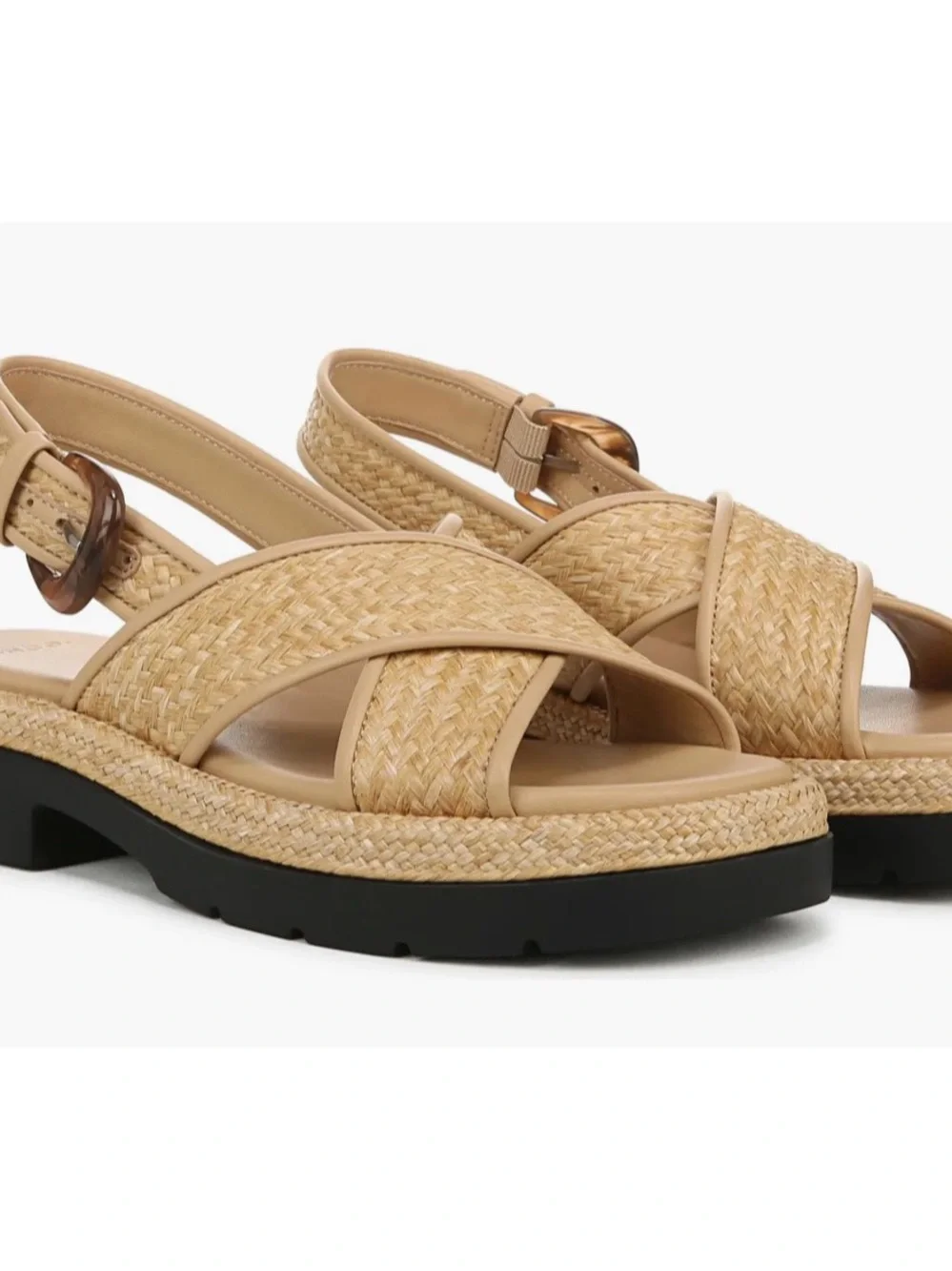Vince Beige Woven Raffia Slingback Sandals with Black Lug Sole